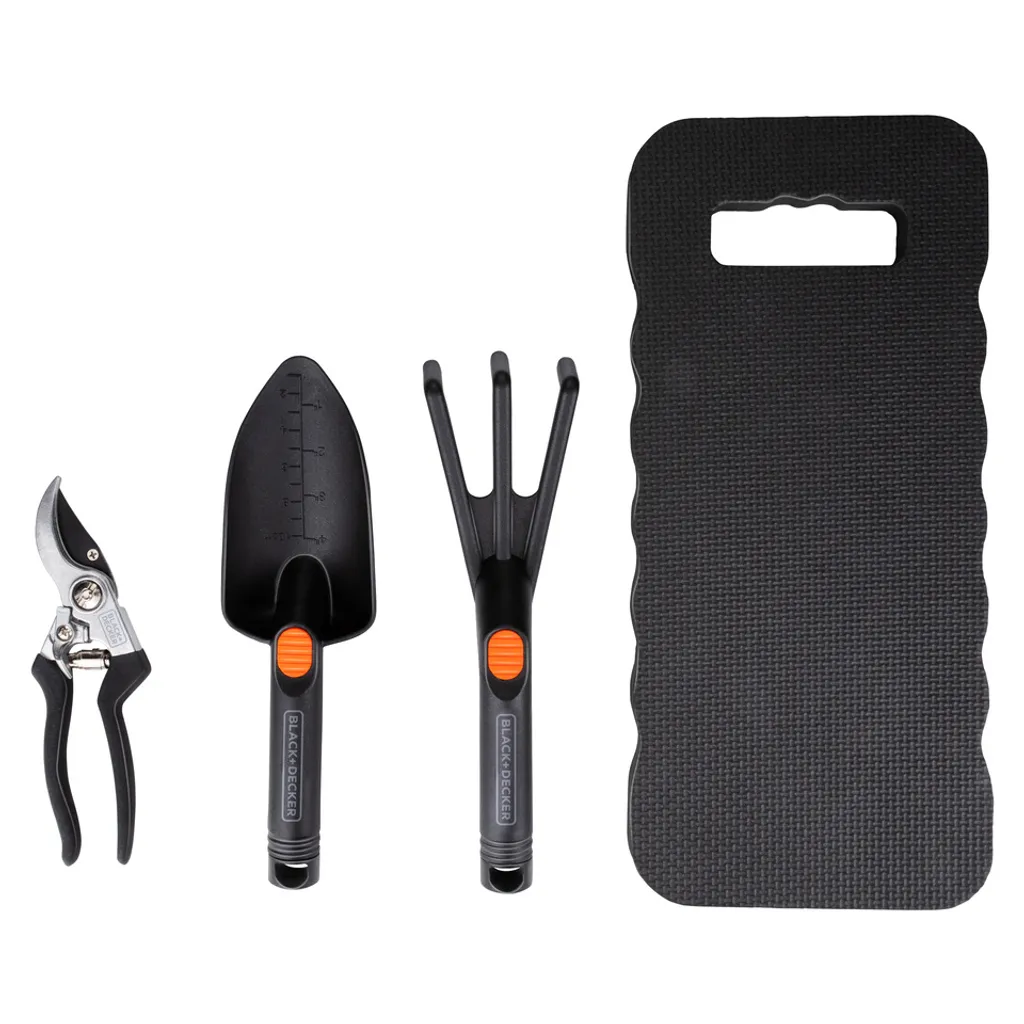 BLACK+DECKER Gartenwerkzeug Set 4-Teilig - Knieschoner, Gartenschere, Schaufel und Gartenkralle - 13mm Schneidkapazität - Schwarz/Orange